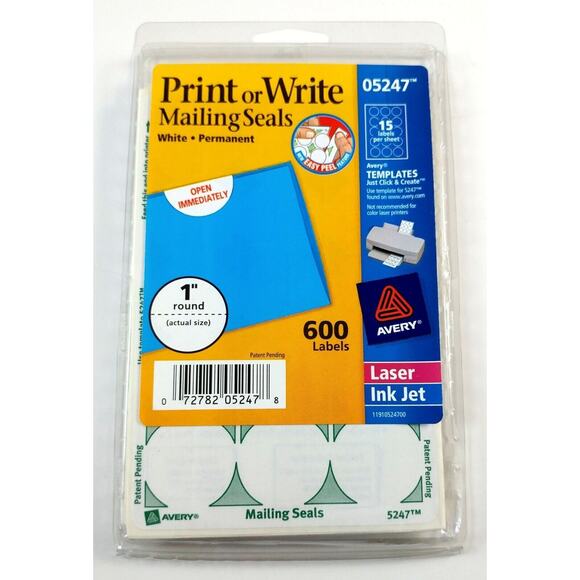 Avery Dennison 05247 Mailing Seals 600 Pack 15 Labels Per Sheet - Picture 1 of 2
